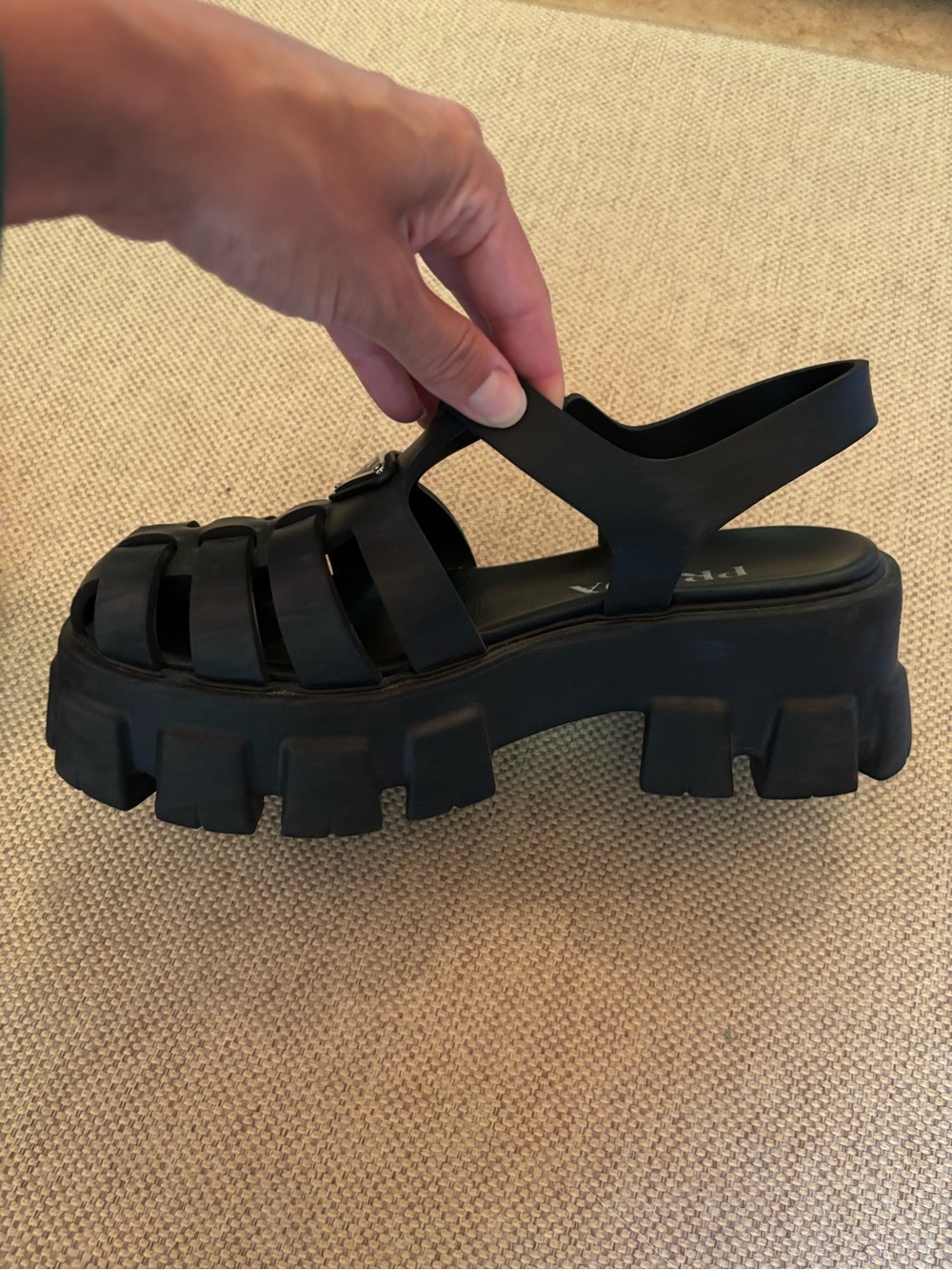Prada Black Fisherman Sandals with Logo Plaque - Picture 6 of 15